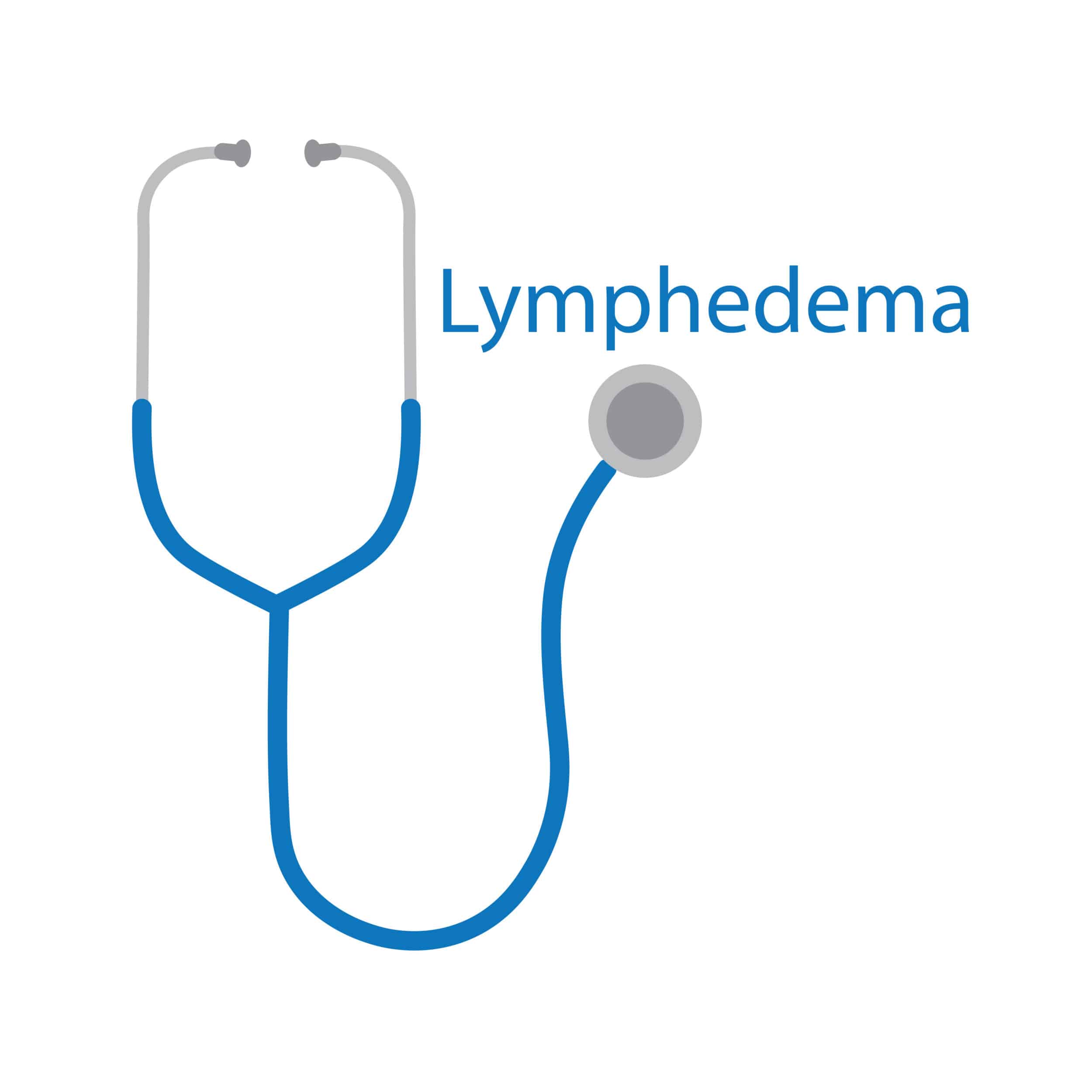 Drawing of a doctor's stethoscope against a white background, with the word "lymphedema" beside it